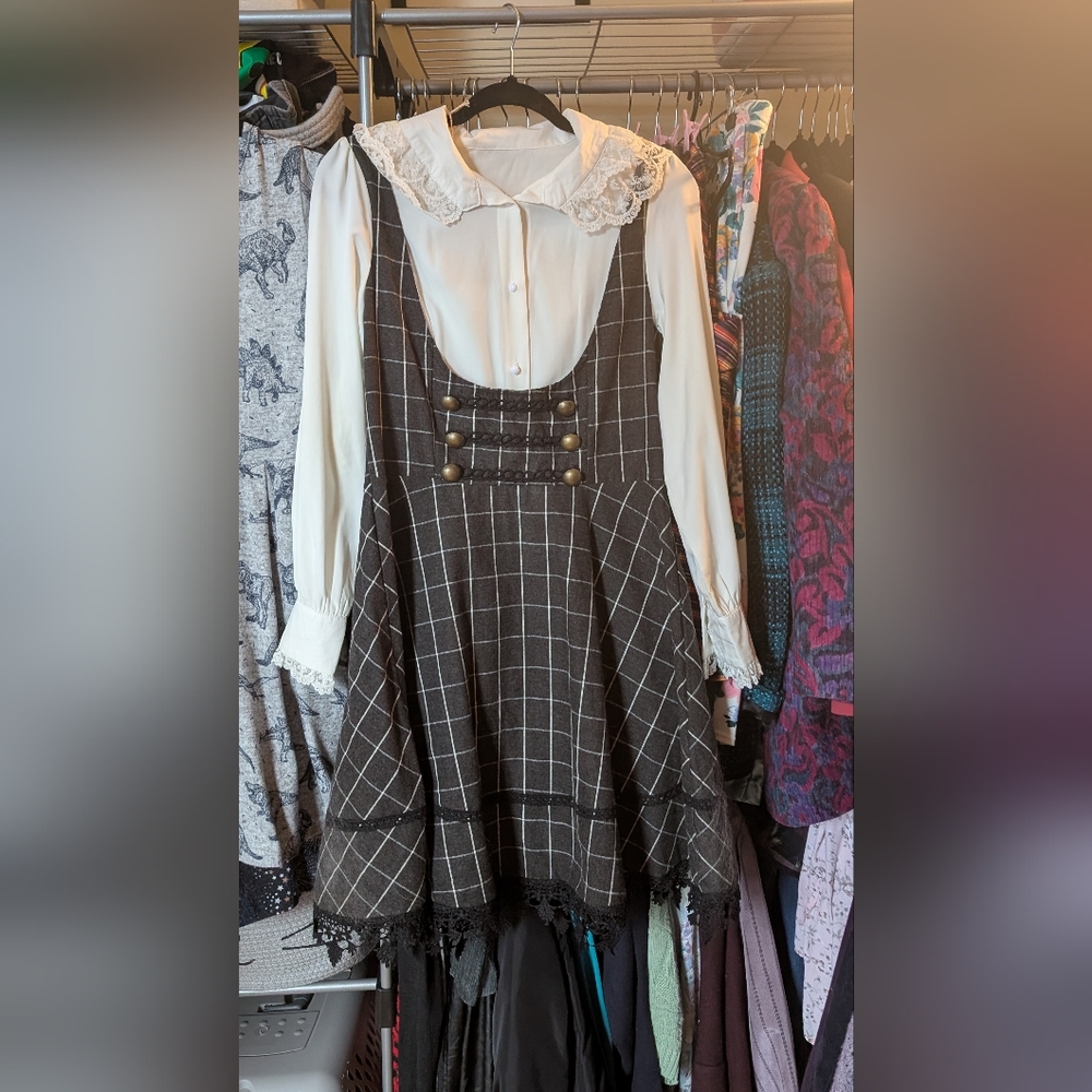 Plaid Dress with Lace Collar